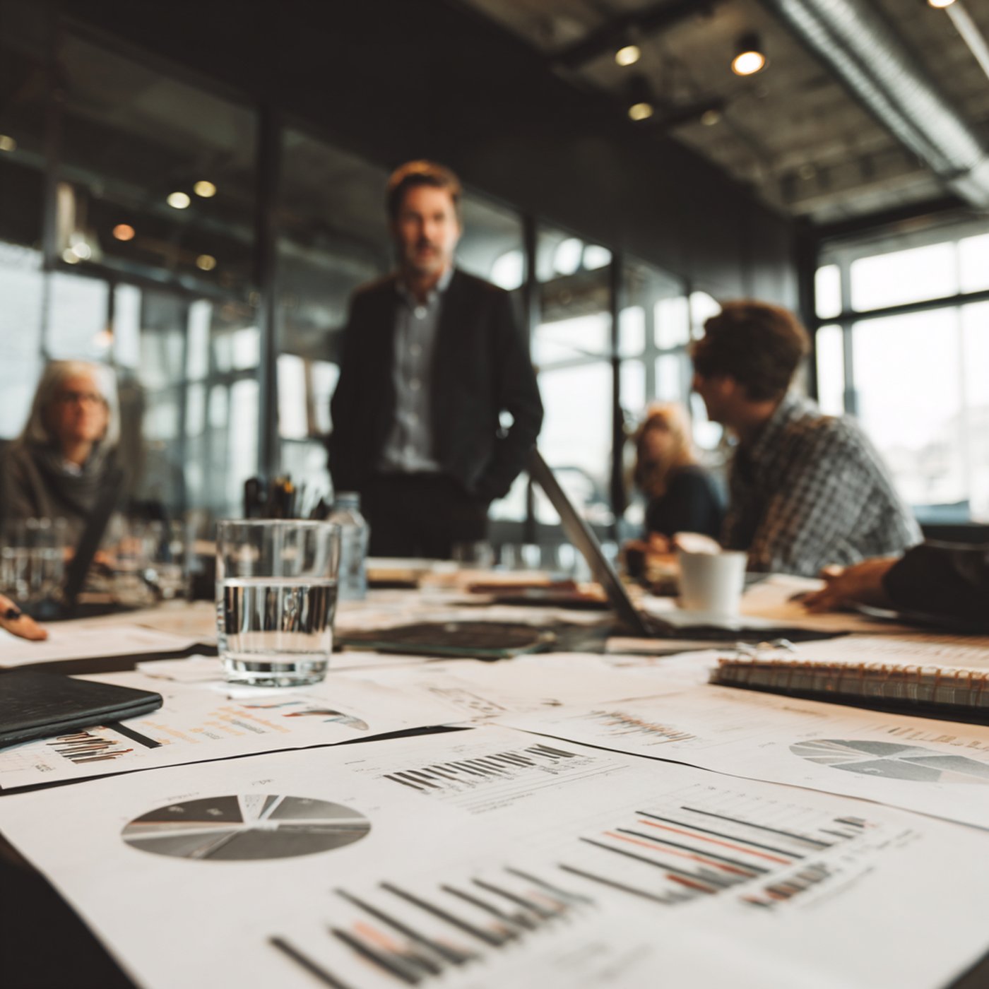 A business meeting with charts and graphs on the table, illustrating planning led by a fractional CMO for behavioral health.